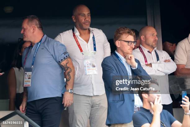 Christian Califano, Romain Magellan, Pierre Mignoni attend the Rugby World Cup France 2023 match between South Africa and Scotland at Stade Velodrome...
