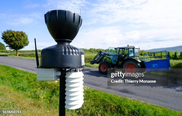 Connected Rain Gauge is seen in vineyards in the AOC Champagne region on September 14, 2023 in Châtillon-sur-Marne, France. The vines produced...