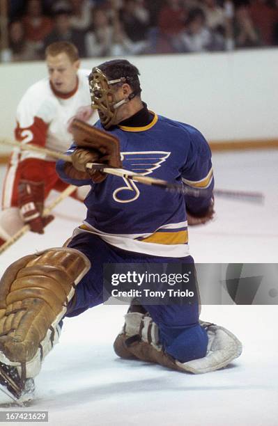 St. Louis Blues goalie Jacques Plante in action vs Detroit Red Wings at Joe Louis Arena. Detroit, MI 11/3/1968 CREDIT: Tony Triolo