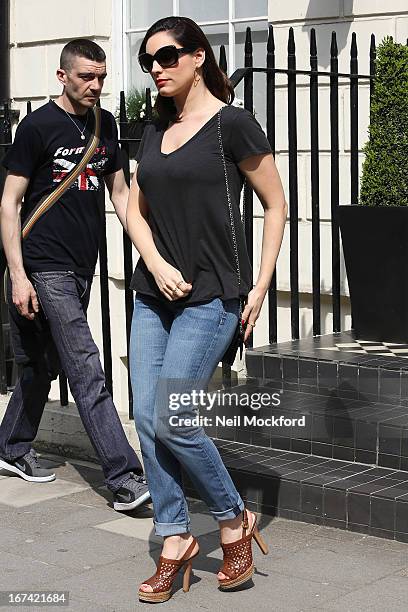 Kelly Brook seen leaving her home after news about her boyfriend Danny Cipriani is hit by a bus on April 25, 2013 in London, England.