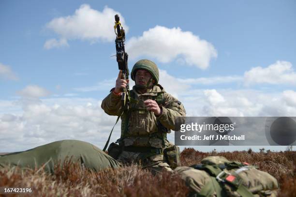 Soldier from 2nd Battalion, Parachute Regiment in action during a British And French Airborne Forces joint exercise on April 25, 2013 in Stranraer,...