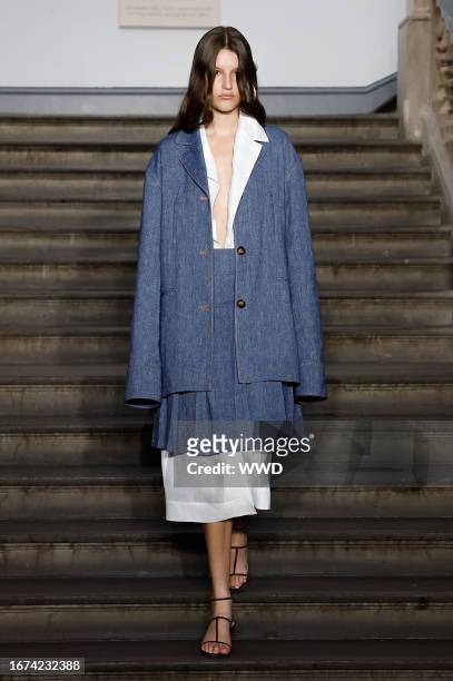 Model on the runway at the Emilia Wickstead Spring 2024 Ready To Wear Fashion Show held at the Royal Academy of Arts on September 18, 2023 in London,...