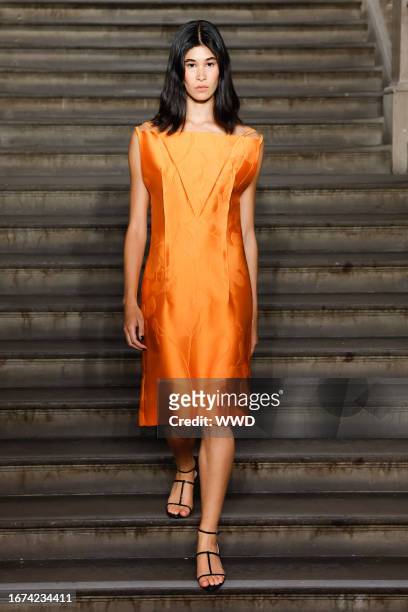 Model on the runway at the Emilia Wickstead Spring 2024 Ready To Wear Fashion Show held at the Royal Academy of Arts on September 18, 2023 in London,...