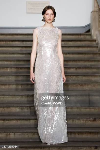 Model on the runway at the Emilia Wickstead Spring 2024 Ready To Wear Fashion Show held at the Royal Academy of Arts on September 18, 2023 in London,...