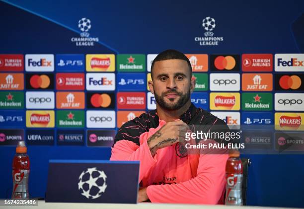Manchester City's English defender Kyle Walker attends a press conference at Manchester City training ground in Manchester, north-west England on...