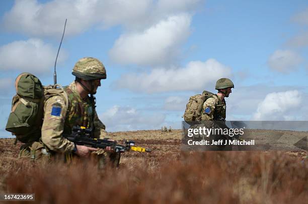 Soldiers of the 2nd Battalion, Parachute Regiment in action during a British And French Airborne Forces joint exercise on April 25, 2013 in...