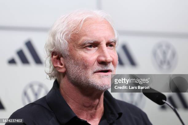 Sports director and interim coach Rudi Voeller of Germany speaks during a press conference on September 11, 2023 in Dortmund, Germany, prior to...
