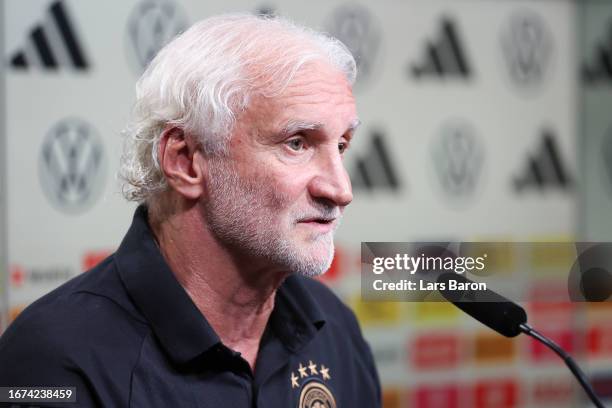 Sports director and interim coach Rudi Voeller of Germany speaks during a press conference on September 11, 2023 in Dortmund, Germany, prior to...