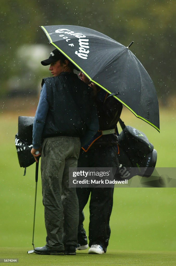 Ty Tryon takes cover from heavy rain