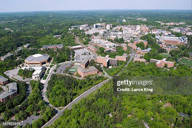 An aerial view of the University of North Carolina campus and surrounding area on April 21, 2013 in Chapel Hill, North Carolina.