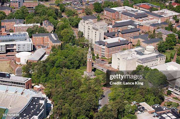 An aerial view of the University of North Carolina campus including the Morehead-Patterson Bell Tower on April 21, 2013 in Chapel Hill, North...