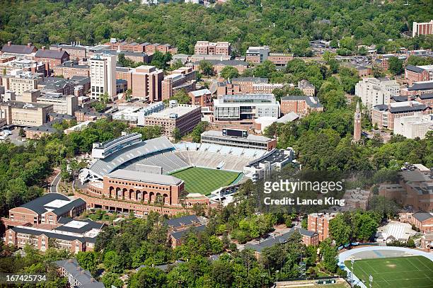 An aerial view of the University of North Carolina campus including Kenan Stadium on April 21, 2013 in Chapel Hill, North Carolina.