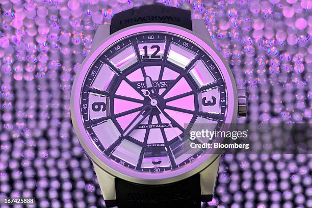 Crystallium wristwatch, manufactured by Swarovski, is seen in this arranged photograph in the company's booth during the Baselworld watch fair in...