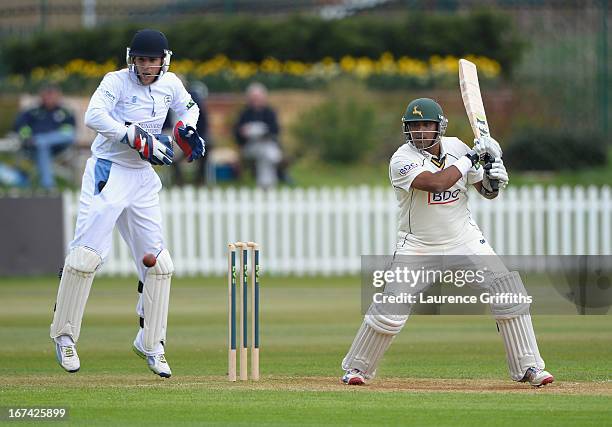 Samit Patel of Nottinghamshire hits out to the boundary during day two of the LV County Championship division one match between Derbyshire and...