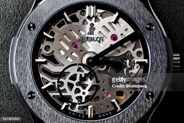 Logo sits on the face of a Classic Fusion Classico Ultra-Thin Skeleton All Black wristwatch, manufactured by Hublot SA, a watchmaking unit of LVMH...