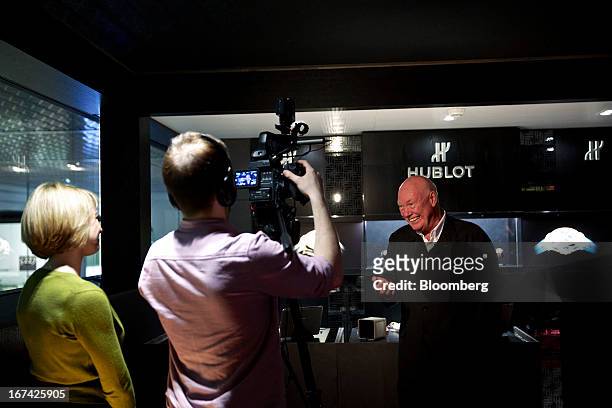 Jean-Claude Biver, chairman of Hublot SA, a watchmaking unit of LVMH Moet Hennessy Louis Vuitton SA, reacts during a Bloomberg television interview...
