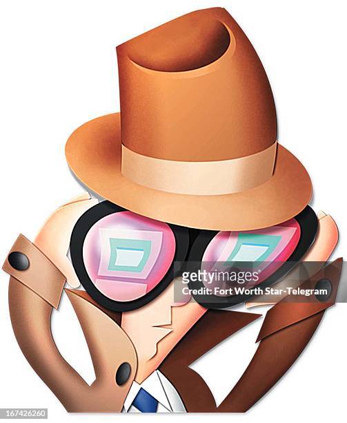 Col x 7 in / 146x178 mm / 497x605 pixels Steve Wilson color illustration of an Internet spy wearing a fedora and trenchcoat.