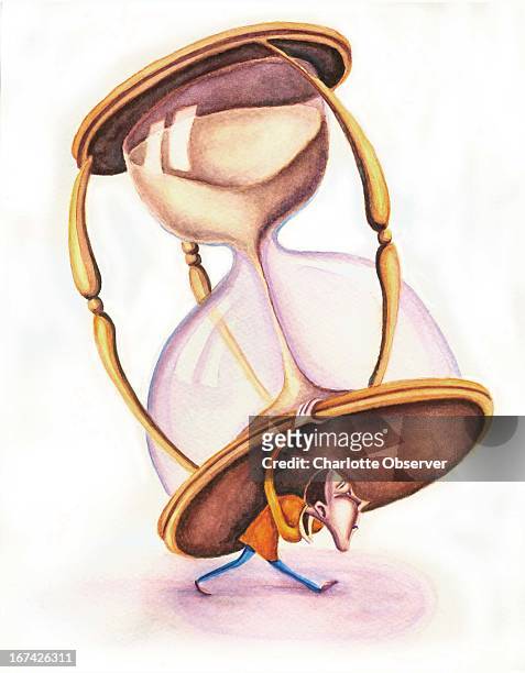 Col. X 8.25 inches/164x210 mm/558x713 pixels Michelle Hazelwood color illustration of a man toting a large hourglass on his back.