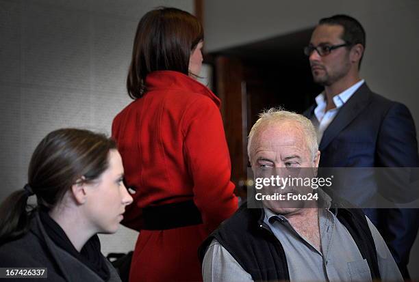 Aimee and Henke Pistorius, Carl Pistorius's sister and father, at the Vanderbijlpark Magistrate's Court on April 25 in Vanderbijlpark, South Africa....