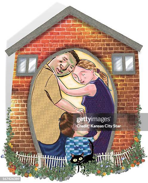 Col x 9.5 in / 196x241 mm / 667x821 pixels Hector Casanova color illustration of a loving family linked together in an embrace inside their home.