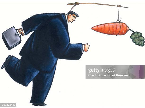 Col x 5.75 in / 196x146 mm / 667x497 pixels James Denk color illustration of a man in a suit running after a fat carrot that is attached to him and...