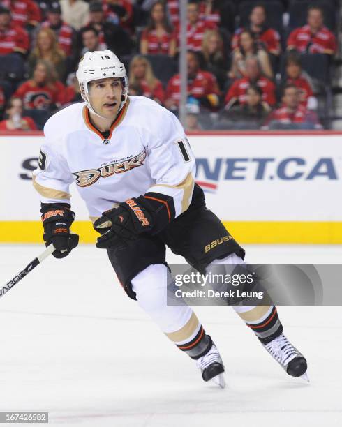 Matthew Lombardi of the Anaheim Ducks skates against the Calgary Flames during an NHL game at Scotiabank Saddledome on April 19, 2013 in Calgary,...