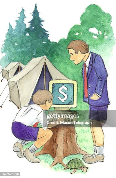 Col x 6.5 in / 108x165 mm / 368x562 pixels Ric Thornton color illustration of a child and a counselor at summer computer camp; a computer sits on a...