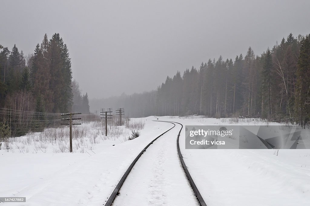 Railway in the misty forest