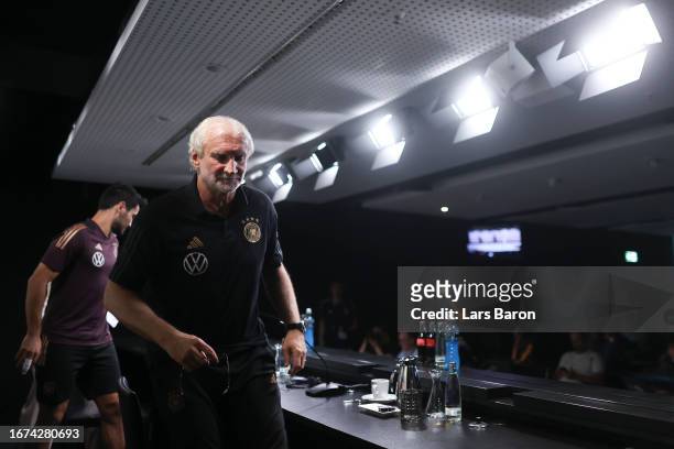 Sports director and interim coach Rudi Voeller of Germany leaves after a press conference on September 11, 2023 in Dortmund, Germany, prior to...