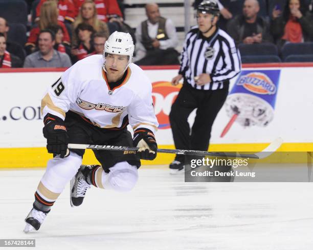 Matthew Lombardi of the Anaheim Ducks skates against the Calgary Flames during an NHL game at Scotiabank Saddledome on April 19, 2013 in Calgary,...