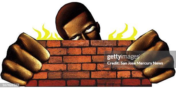 Col. X 3.25 inches/164x83 mm/558x281 pixels Tracy Cox color illustration of man holding a flaming brick wall, representing a computer firewall, in...