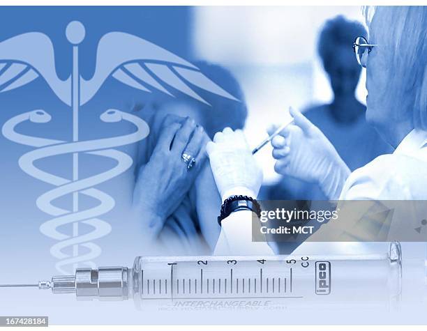 Col. X 5 inches/164x127 mm/558x432 pixels Kurt Strazdins color photo illustration of a health care provider injecting the flu vaccine into an arm, a...