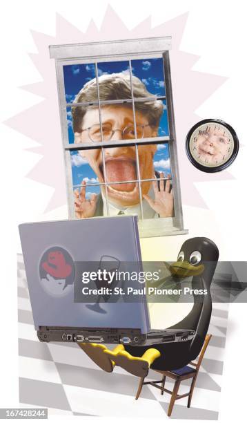 Col x 14.75 in / 220x375 mm / 749x1274 pixels Shannon Brady color illustration of the Linux penguin sitting with a laptop as a screaming Bill Gates...