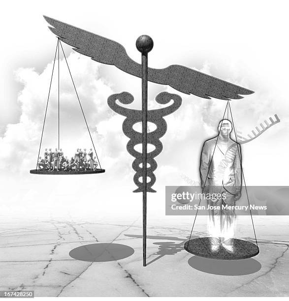 Col x 6 in / 146x152 mm / 497x518 pixels Reid Brown black and white illustration of a medical caduceus as a balancing scale with genome imagery on...