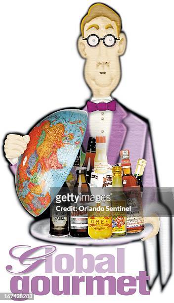 Col x 10 in / 146x254 mm / 497x864 pixels Anita J. Jones color illustration of waiter with a globe-lidded tray of international seasonings and...