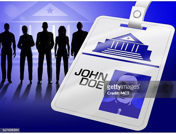 Col. X 3.25 inches/108x83 mm/368x281 pixels Kurt Strazdins color illustration of John Doe's government ID tag with the silhouettes of a group of...