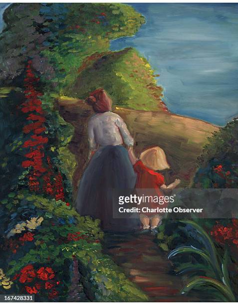 Col x 8.25 in / 164x210 mm / 558x713 pixels Michelle Hazelwood color illustration of a grandmother and child walking on a garden path.
