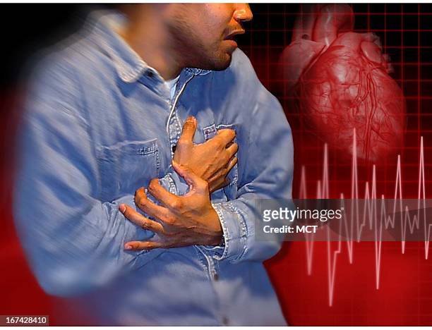 Col. X 3.25 inches/108x83 mm/368x281 pixels Kurt Strazdins color photo illustration of a man clutching his right arm and chest along with a heart and...