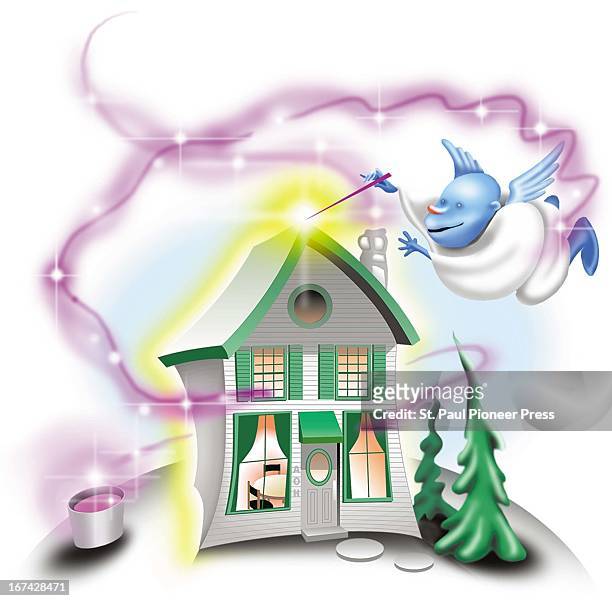 Col x 9.5 in / 246x241 mm / 837x821 pixels Tim Montgomery color illustration of a flying blue housecleaning angel using a magic wand to tidy a...