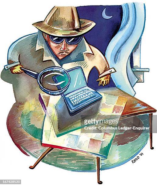 Col x 4.5 in / 96x114 mm / 327x389 pixels Richard Hodges color illustration of a detective using a magnifying glass to investigate a laptop computer.