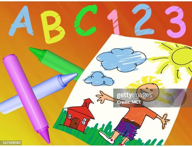 Col. X 3.25 inches/108x83 mm/368x281 pixels Kurt Strazdins color illustration of a childs drawing, crayons and the text "ABC123."