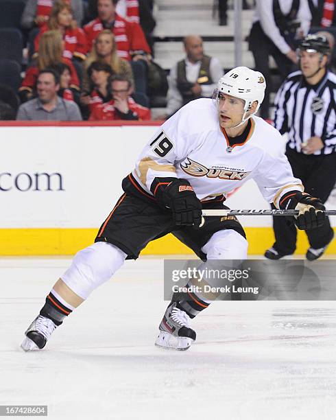 Matthew Lombardi of the Anaheim Ducks skates against the Calgary Flames during an NHL game at Scotiabank Saddledome on April 19, 2013 in Calgary,...