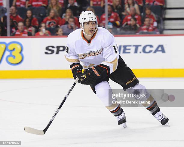 Matthew Lombardi of the Anaheim Ducks skates against the Calgary Flames during an NHL game at Scotiabank Saddledome on April 19, 2013 in Calgary,...