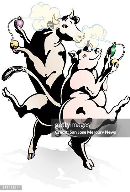 Col. X 9.5 inches/164x241 mm/558x821 pixels Wes Killingbeck color illustration of a cow and a pig spraying perfume and doing a jig.