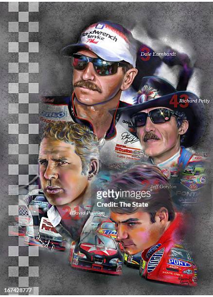 Col x 16.25 in / 295x413 mm / 1004x1404 pixels Steven A. Long color illustration of auto racing stars Dale Earnhardt, Richard Petty, David Pearson...