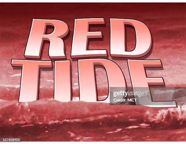 Col. X 5 inches/164x127 mm/558x432 pixels Kurt Strazdins color illustration of the words "Red Tide" riding on the waves. A red tide is a...