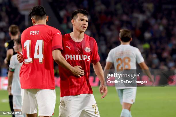 Ricardo Pepi of PSV Eindhoven, Hirving Lozano of PSV Eindhoven celebrates after scoring the 4:0 goal during the Dutch Eredivisie match between PSV...