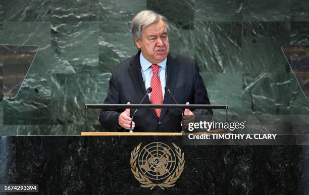 United Nations Secretary-General Antonio Guterres speaks at the opening session of the second Sustainable Development Goals Summit on September 18,...