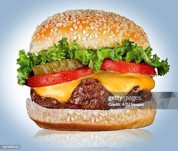 cheeseburger on white - nobody burger colour image not illustration stockfoto's en -beelden