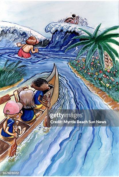 Col x 12.75 in / 220x324 mm / 749x1102 pixels Jason Whitley color illustration of kids on summer vacation swimming in the ocean and canoeing.